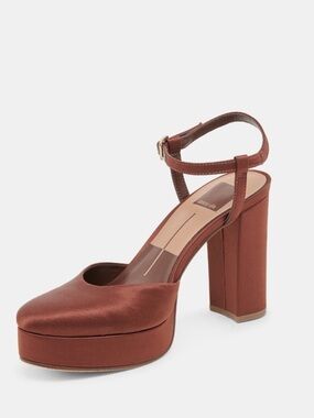 Dolce Vita Claud Chocolate brown Satin Ankle Strap Block Heeled Pumps heels 10.5